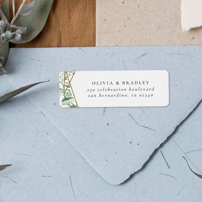 Étiquette Aquarelle Eucalyptus & Or Géométrique (Return Address Label Mock-up)
