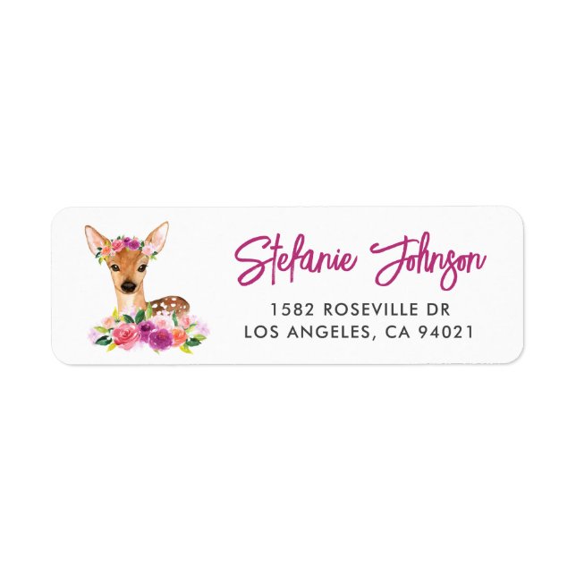 Étiquette Aquarelle Fawn Floral Adresse de retour Label I (Devant)