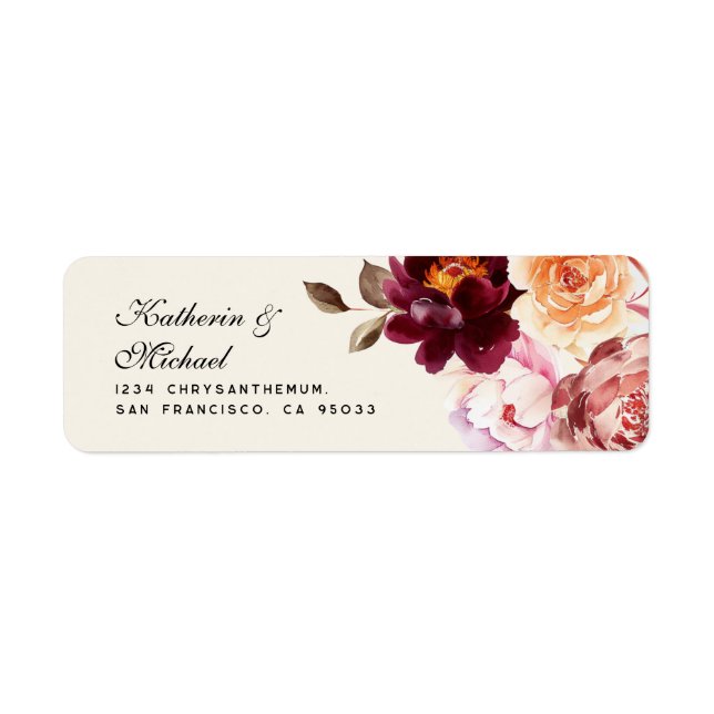 Étiquette Aquarelle Floral Bourgogne Adresse du Mariage (Devant)