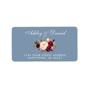Étiquette Aquarelle Floral Bourgogne Dusty Mariage bleu