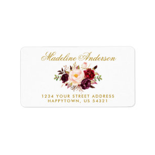 Étiquette Aquarelle Floral Bourgogne Gold Adresse