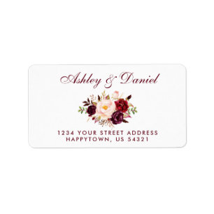 Étiquette Aquarelle Floral Bourgogne Gold Mariage Adresse BW