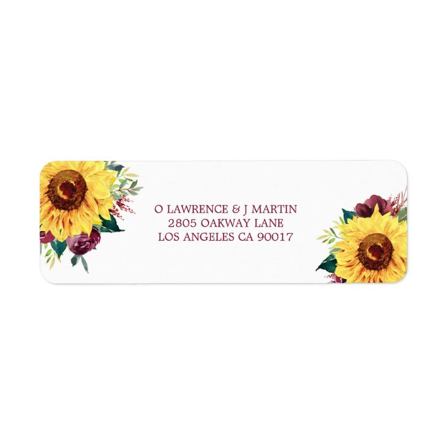 Étiquette Aquarelle Floral Fleurs de soleil Bourgogne Roses (Devant)