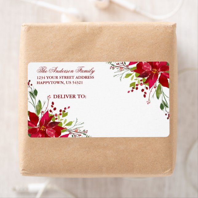 Étiquette Aquarelle Floral Poinsettia Vacances Mailing rouge (En situation)