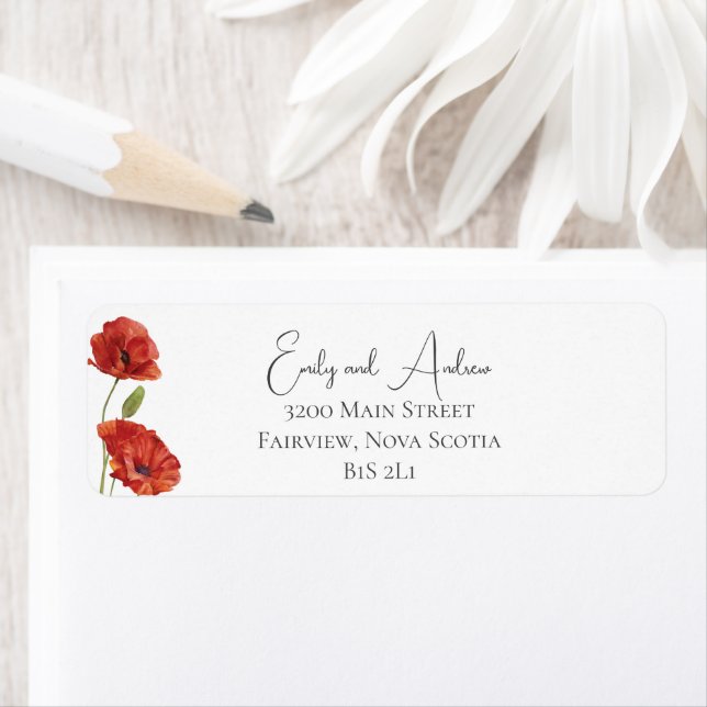 Étiquette Aquarelle Floral Red Poppy Fleurs Mariage Retour (En situation)