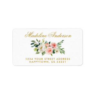 Étiquette Aquarelle Floral rose Blush Adresse Or