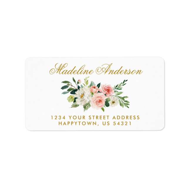Étiquette Aquarelle Floral rose Blush Adresse Or (Devant)