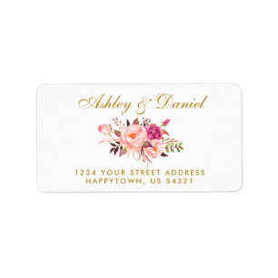 Étiquette Aquarelle Floral Rose Blush Gold Mariage Adresse