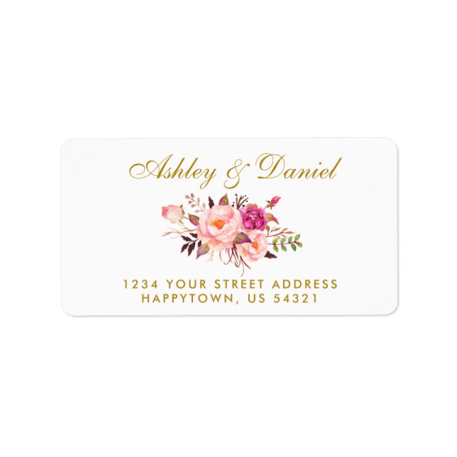 Étiquette Aquarelle Floral Rose Blush Gold Mariage Adresse (Devant)