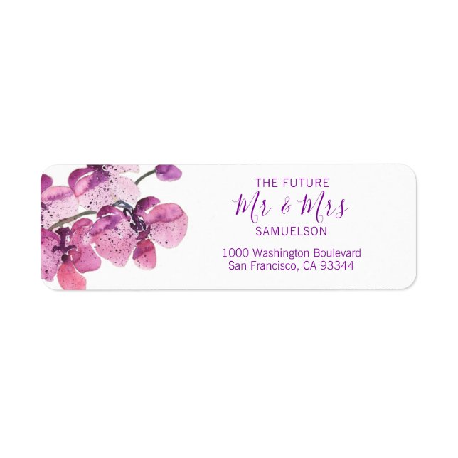 Étiquette Aquarelle Florale Plum Purple Orchidées Mariage (Devant)