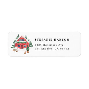 Étiquette Aquarelle Forêt neigeuse Cottage rouge Noël