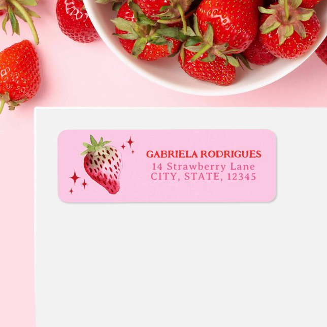 Étiquette Aquarelle fraise rose et rouge (Watercolor Strawberry Pink and Red Label)