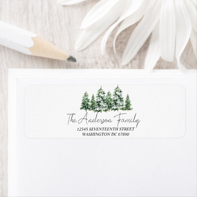 Étiquette Aquarelle Hiver Pins de Neige Joyeux Noël (En situation)