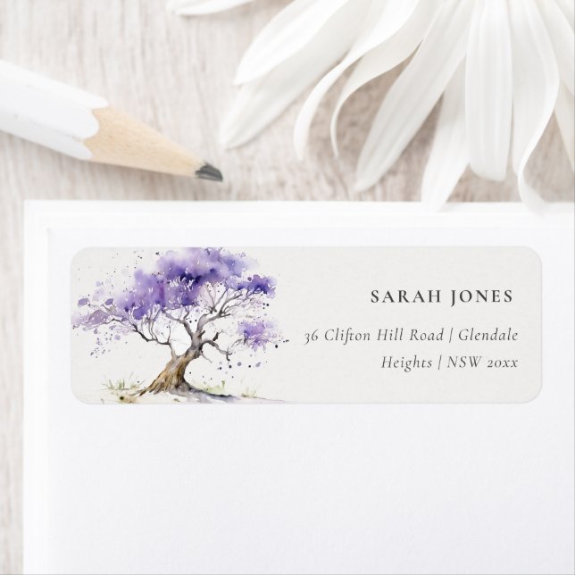 Étiquette Aquarelle Lilac minimale Jacaranda Arbre Adresse (En situation)