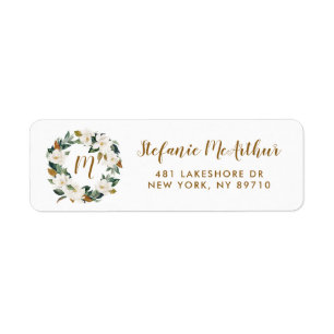 Étiquette Aquarelle Magnolia Wreath Monogramme Adresse