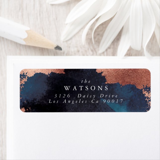 Étiquette Aquarelle Marine Blue Moody Rose Mariage or (En situation)