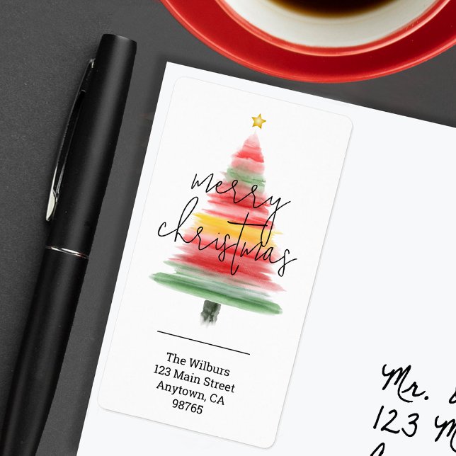 Étiquette Aquarelle moderne Arbre de Noël Adresse de retour (Modern watercolor striped Christmas tree return address labels)