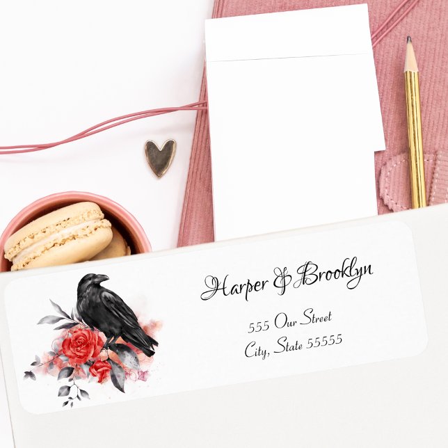 Étiquette Aquarelle Moderne Gothique Corbeau Noir Rose Rouge (Créateur téléchargé)