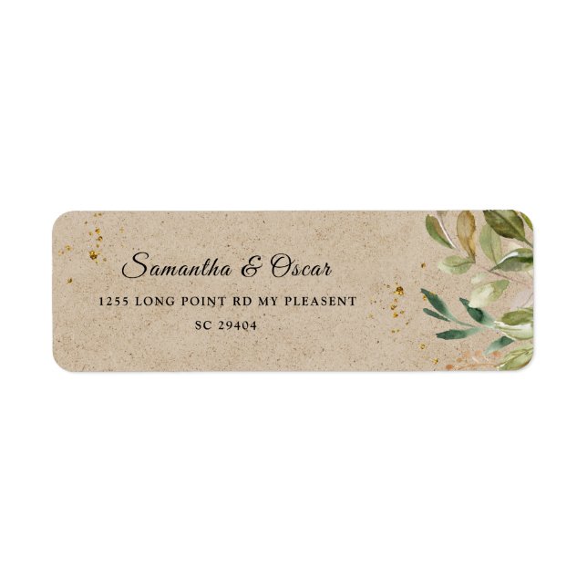 Étiquette Aquarelle moderne Vert Feuille Kraft Cadre & Or (Devant)