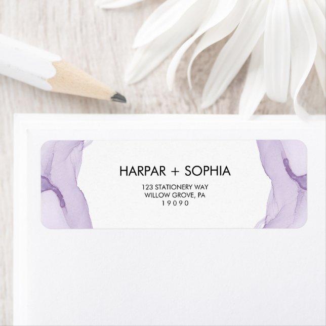 Étiquette Aquarelle moderne violet Mariage de retour adresse (En situation)