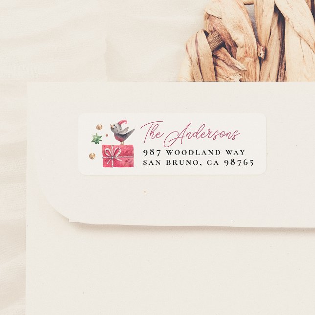 Étiquette Aquarelle Noël Oiseau & Cadeau (Créateur téléchargé)