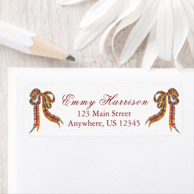 Étiquette Aquarelle Noël Plaid Bows Adresse (En situation)