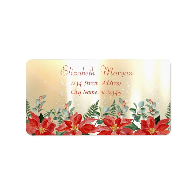 Étiquette Aquarelle Noël Poinsettia, Or (Devant)