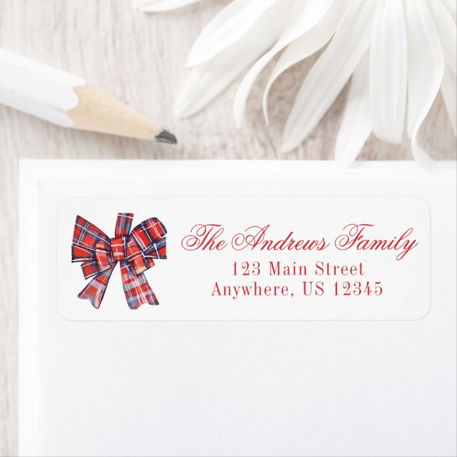Étiquette Aquarelle Noël Rouge Tartan Plaid Bow (En situation)