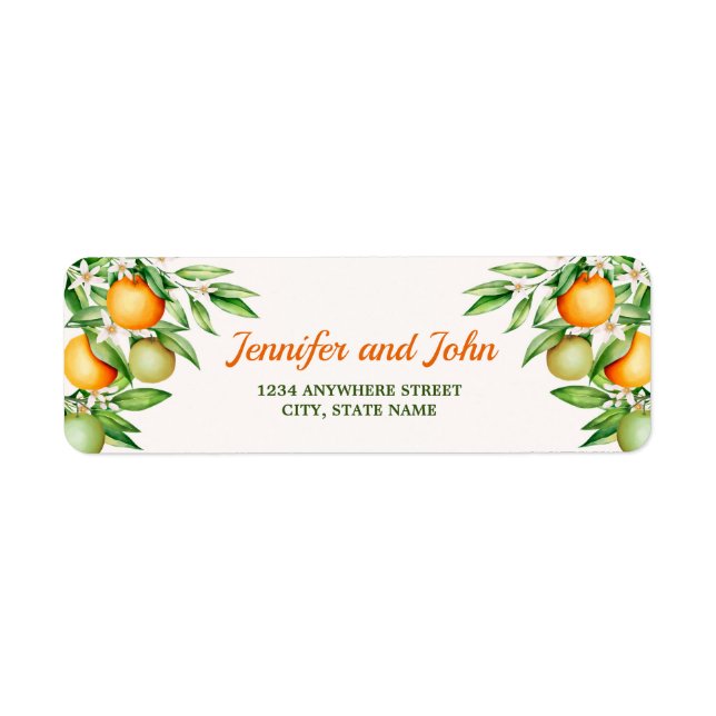 Étiquette Aquarelle Orange Fruit Mariage Adresse de retour (Devant)