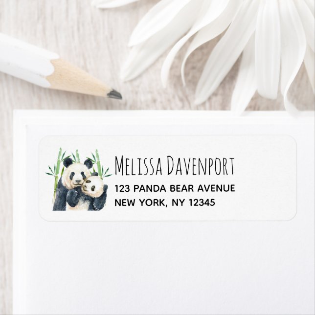 Étiquette Aquarelle Panda Ours Maman & Bébé en Bambou (En situation)