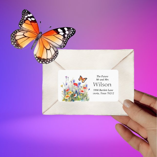 Étiquette Aquarelle Papillon et Fleur sauvage Adresse de ret (Créateur téléchargé)