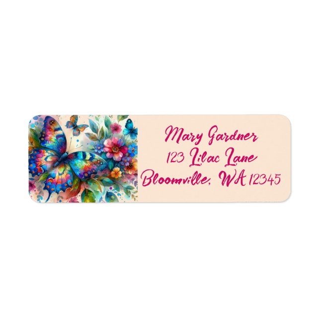 Étiquette Aquarelle Papillon Floral Flowers Adresse de retou (Devant)