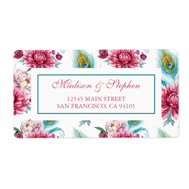 Étiquette Aquarelle Peacock & Floral rouge - Mariage (Devant)