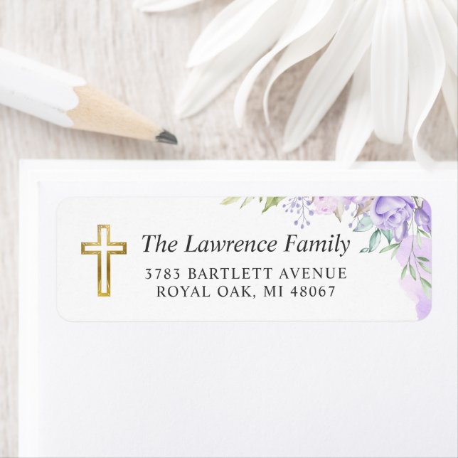 Étiquette Aquarelle Purple Floral Gold Cross Adresse de reto (En situation)
