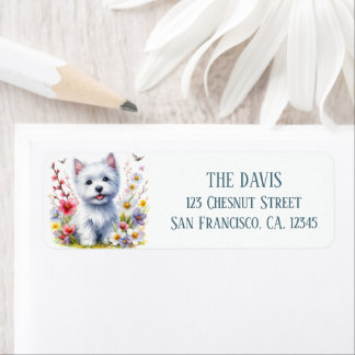 Étiquette Aquarelle Ressort Champ de fleurs Westie -