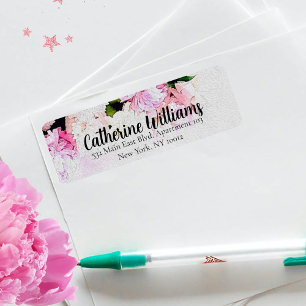 Étiquette Aquarelle rose blanc Peony Flowers Adresse de reto