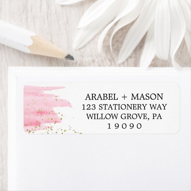Étiquette Aquarelle rose Blush et or Mariage étincelant (En situation)
