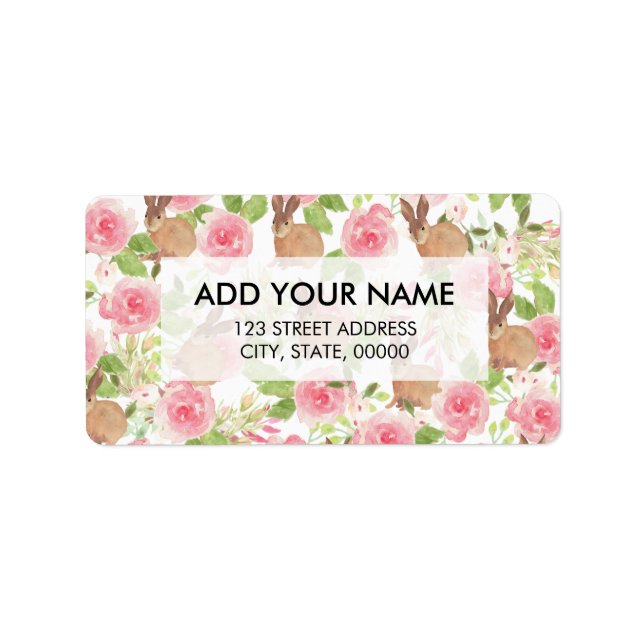 Étiquette Aquarelle rose brun rose floral mignon lapin (Devant)