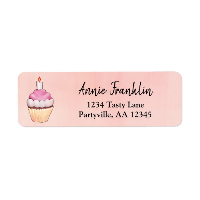 Étiquette Aquarelle rose Cupcake Adresse d'anniversaire (Devant)