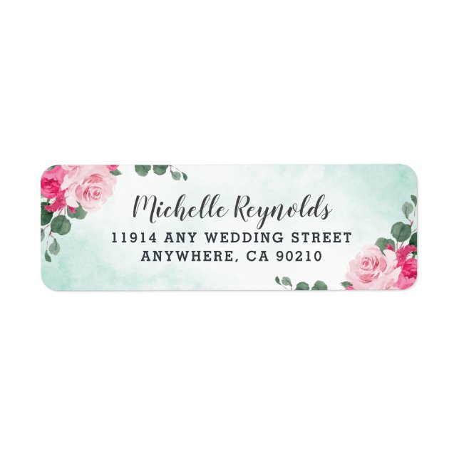 Étiquette Aquarelle rose et argent Mariage floral (Devant)