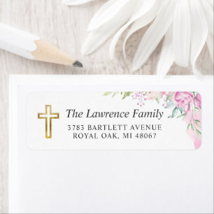 Étiquette Aquarelle rose Floral Gold Cross Adresse de retour