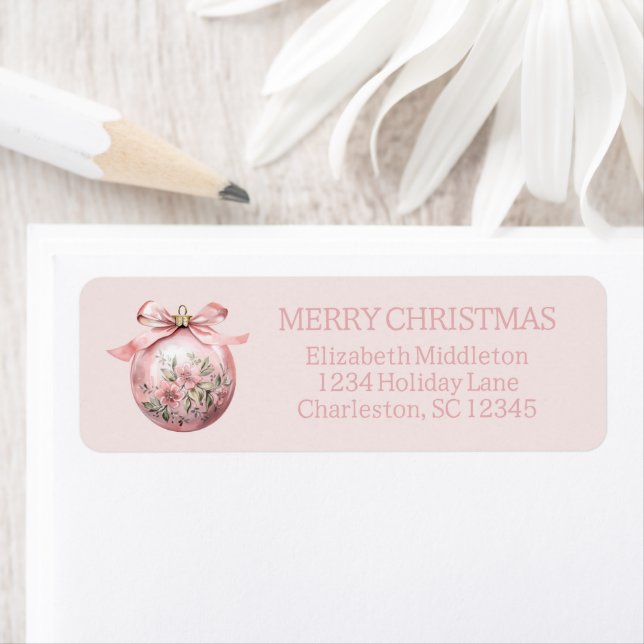 Étiquette Aquarelle rose Floral Ornement de Noël (En situation)