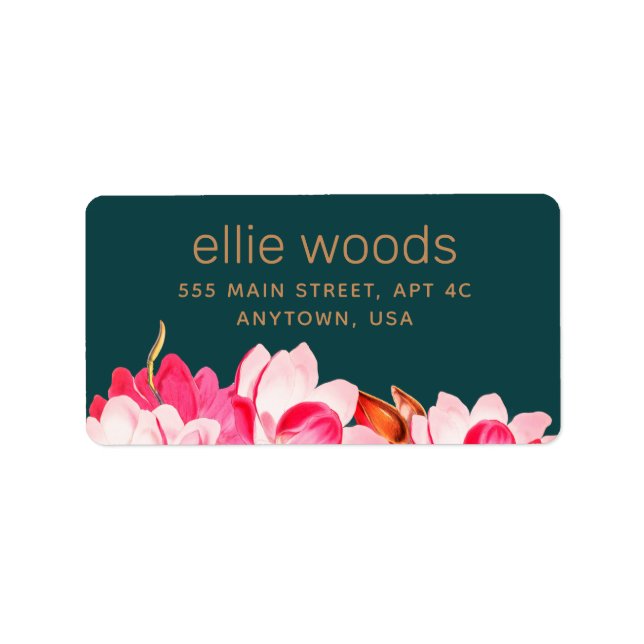 Étiquette Aquarelle rose Magnolia Floral Adresse Turquoise (Devant)