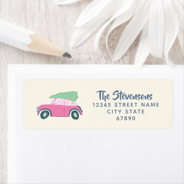 Étiquette Aquarelle rose mignonne Voiture Noël Adresse de re (En situation)