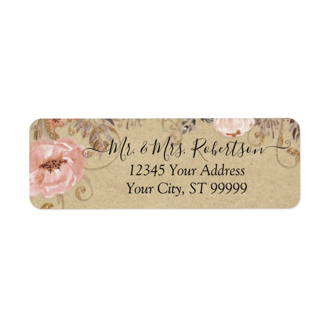 Étiquette Aquarelle rose pâle Kraft Moûlée Rose or Floral (Devant)