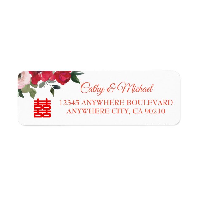 Étiquette Aquarelle rose rouge mariage chinois adresse de re (Devant)