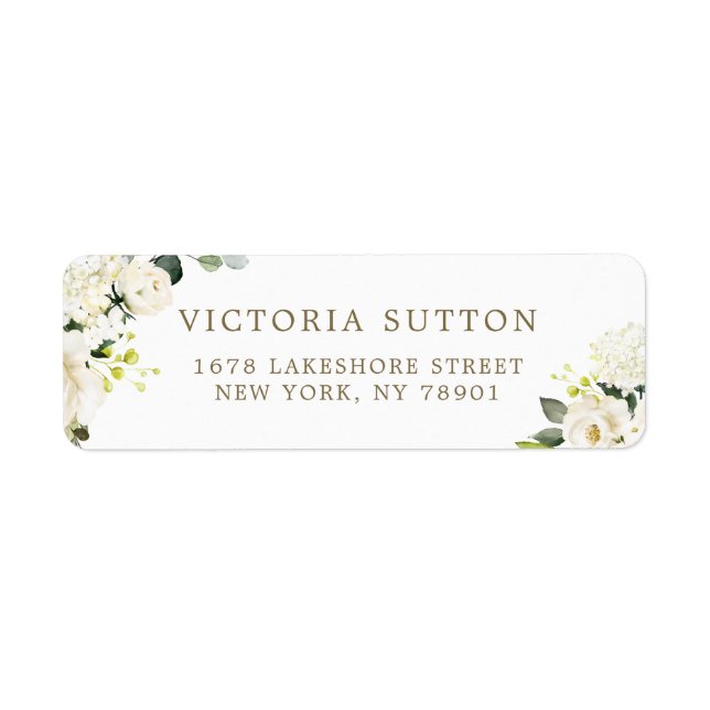 Étiquette Aquarelle Roses blanches et Bouquet d'Hydrangeas (Devant)