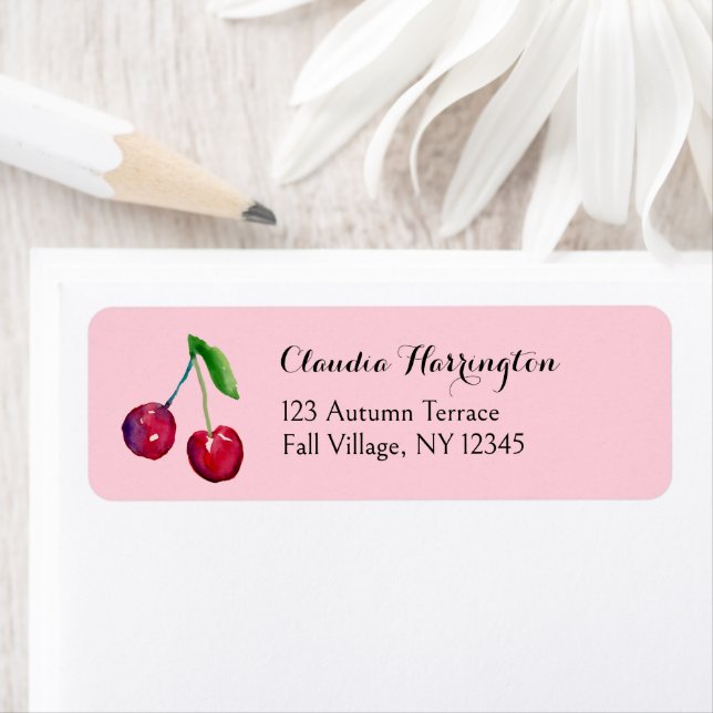 Étiquette Aquarelle Rouge Cerises Cute Coquette Adresse (En situation)