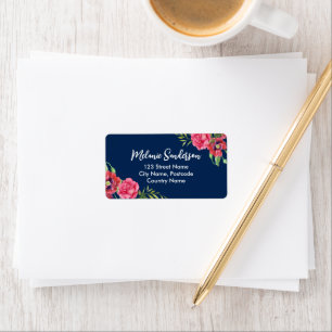 Étiquette Aquarelle Rouge et rose Fleurs sur bleu marine fon