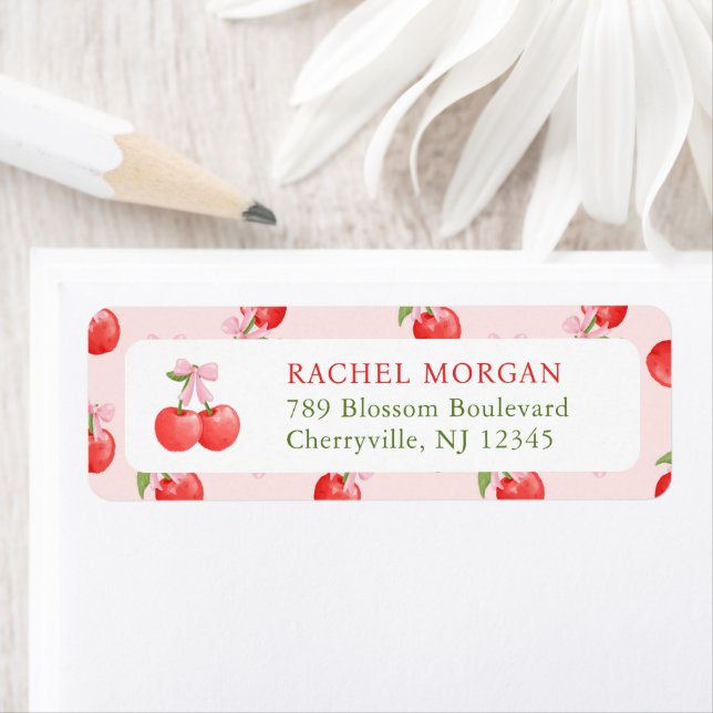 Étiquette Aquarelle Rouge rose Bow Cherry Retourner l'étique (En situation)